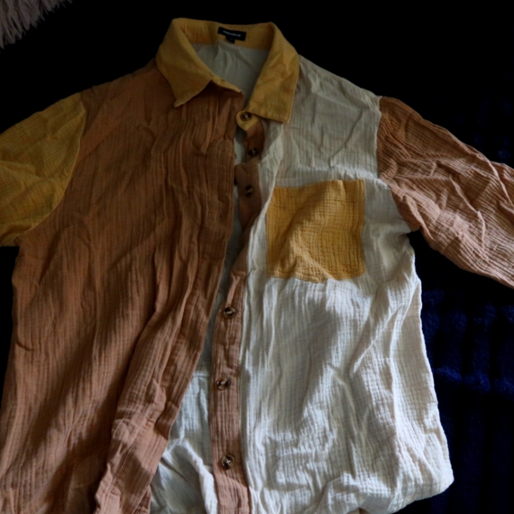 Button Down Color Block Collared Shirt Long Sleeve